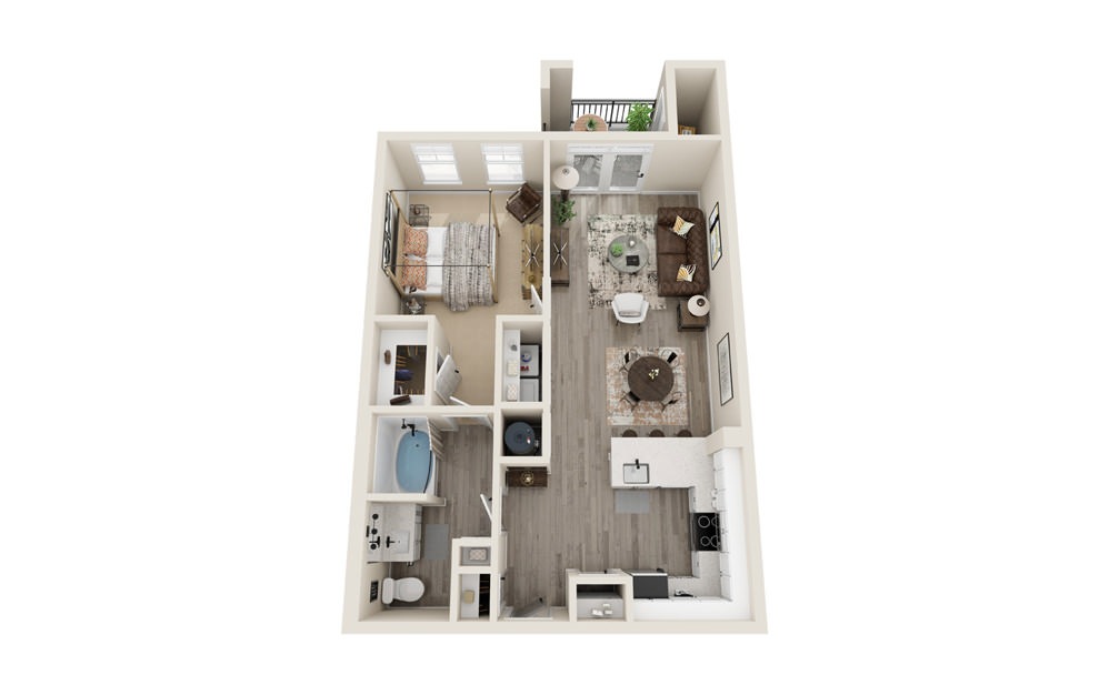 1.1 - 1 bedroom floorplan layout with 1 bath and 740 square feet.