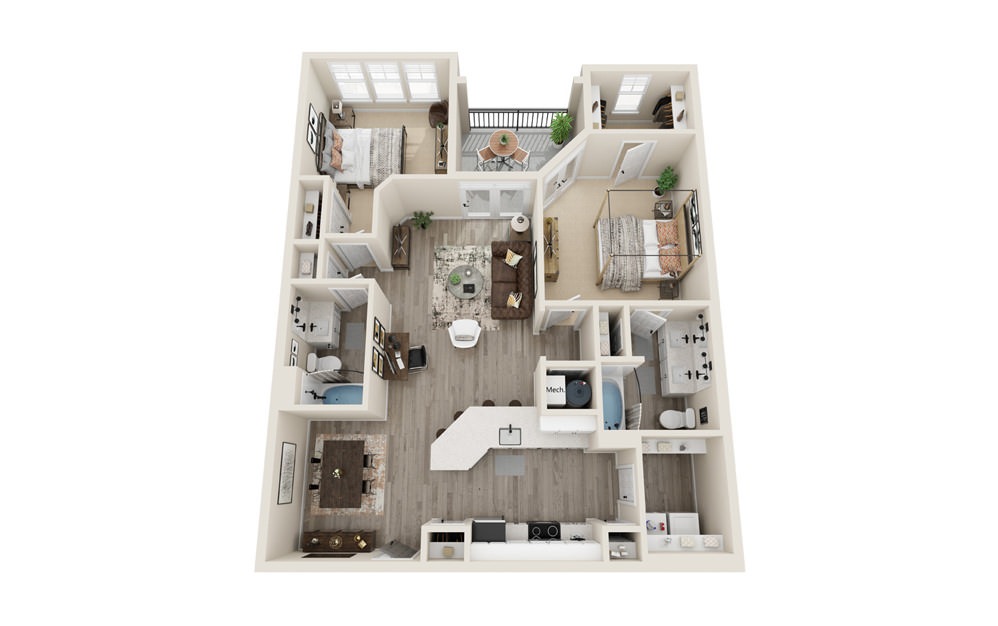 2.3 - 2 bedroom floorplan layout with 2 baths and 1159 square feet.