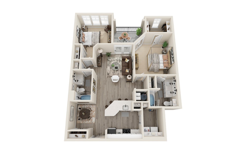 2.4 - 2 bedroom floorplan layout with 2 baths and 1109 square feet.