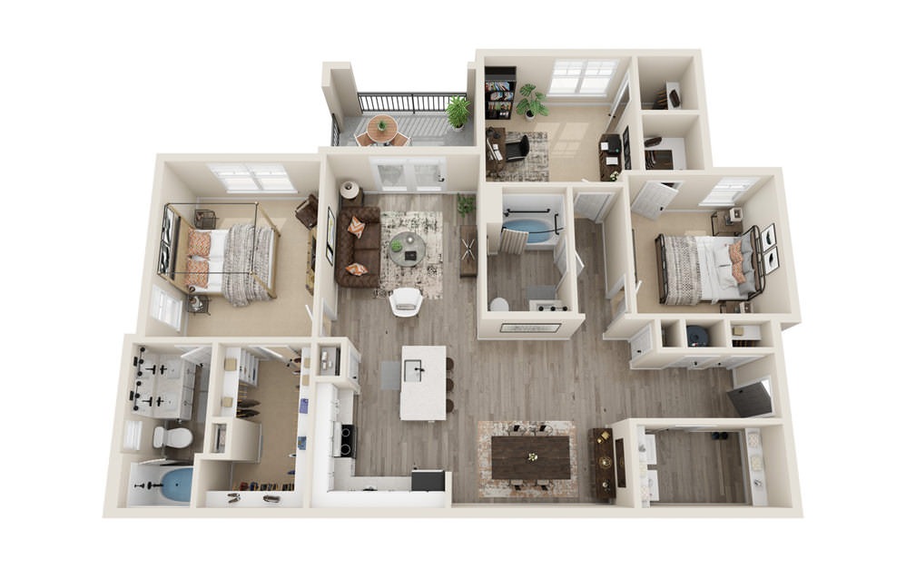 3 - 3 bedroom floorplan layout with 2 baths and 1373 square feet.