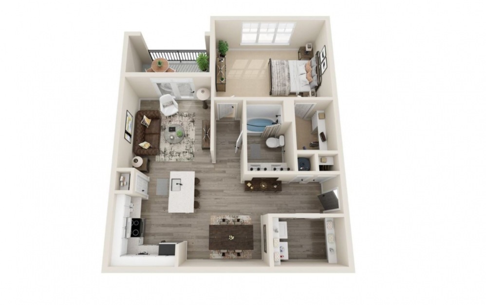 1 - 1 bedroom floorplan layout with 1 bath and 835 square feet.