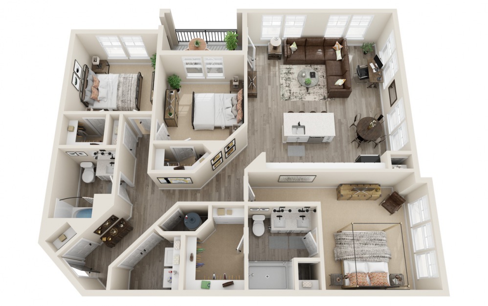 3.1 - 3 bedroom floorplan layout with 2 baths and 1419 square feet.